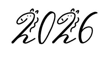 馬と数字を組み合わせた2026年のかわいいロゴ　午年・正月素材　モノクロ