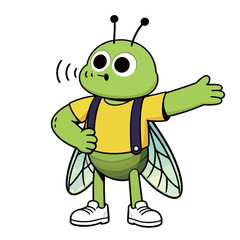 A cute and whimsical cartoon illustration of a noisy cicada mascot, wearing a yellow shirt and blue suspenders, with visible buzzing lines as it makes a sound.