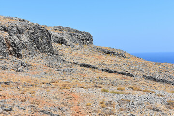 Beautiful view from Lindos Viewpoint. Holidays and travel to Rhodes Island, Greece. Summer vacation. Greek sea. Summer and holidays. Rhodes seascapes and nature. 