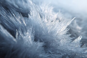Closeup of frost crystals on a cold surface, creating a beautiful and intricate pattern, a winter wonderland scene