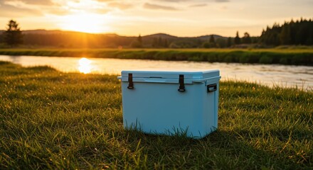 Cool box on green grass beside river during sunset with beautiful landscape in background