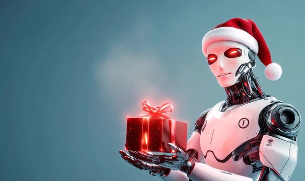 Futuristic robot wearing santa hat holding glowing christmas gift with glowing red eyes