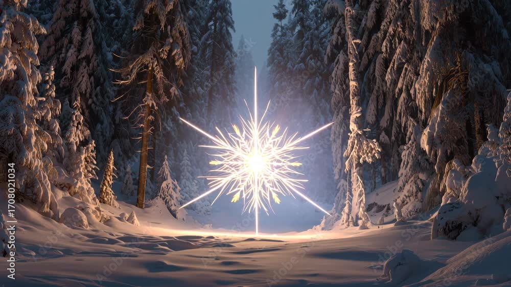 Poster sparkling light burst in a snowy forest landscape during twilight creating a magical atmosphere