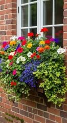 Fototapeta premium A vibrant window box overflowing with colorful flowers, creating a cheerful display against a brick wall.