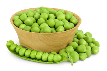 Fresh green peas in wooden bowl isolated on white background