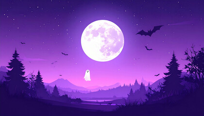 Obraz premium A Halloween-themed landscape with a full moon, bats, a ghost, and silhouetted trees against a purple sky.