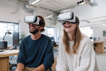 Laughing man and woman using VR headsets in modern tech office. Young professionals exploring virtual reality experience, concept of innovation, teamwork and immersive technology