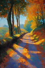 Autumn countryside road with golden leaves and long shadows. Colorful fall landscape illustration with rural path and bright foliage