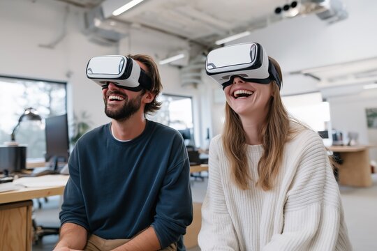 Laughing man and woman using VR headsets in modern tech office. Young professionals exploring virtual reality experience, concept of innovation, teamwork and immersive technology