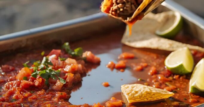 Holding taco in metal holder, adult hand dipping into salsa lifting over patio table removing salsa