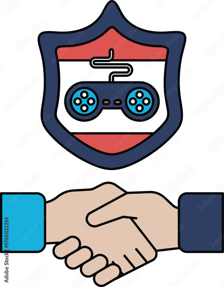 Poster a handshake between two people with a video game controller in the middle