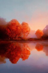Digital painting of autumn trees reflecting on calm lake at sunrise. Tranquil fall landscape with misty light and vibrant colors, concept of seasonal beauty and peaceful nature