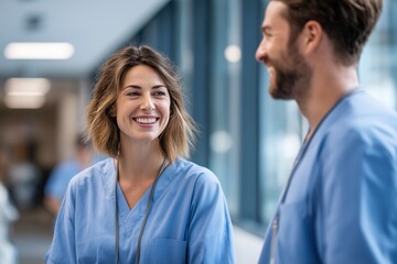 Obraz premium Smiling female nurse talking with male medical colleague in hospital hallway. Friendly healthcare professionals in scrubs, concept of teamwork, care and modern medical staff
