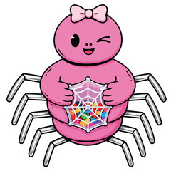 An adorable cartoon illustration of a pink spider with a bow, holding a candy-filled spider web, perfect for children's books, greeting cards, and party invitations.
