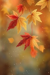 Autumn maple leaves falling in soft golden light, digital illustration. Colorful seasonal artwork with orange and red foliage, concept of fall beauty, change and nature