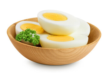 Boiled chicken egg in wooden bowl isolated on white background.