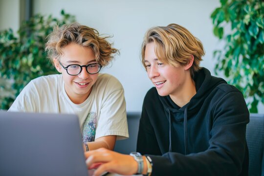 Smiling teenage students working together on laptop in bright casual space. Happy young boys collaborating on school project, concept of e-learning, teamwork and digital education - Powered by Adobe