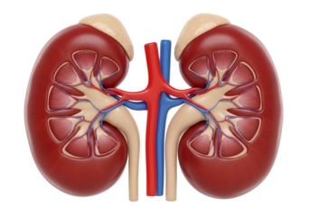 Human Kidneys Anatomy: Detailed 3D Render of the Renal System with Adrenal Glands, Renal Artery, and Renal Vein. Medical Illustration Isolated on White.