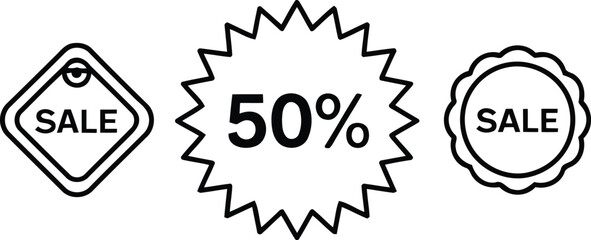 Eye Catching Sale and Discount Badges Featuring a Diamond Sale Tag, a 50 Percent Off Starburst, and a Scalloped Sale Circle