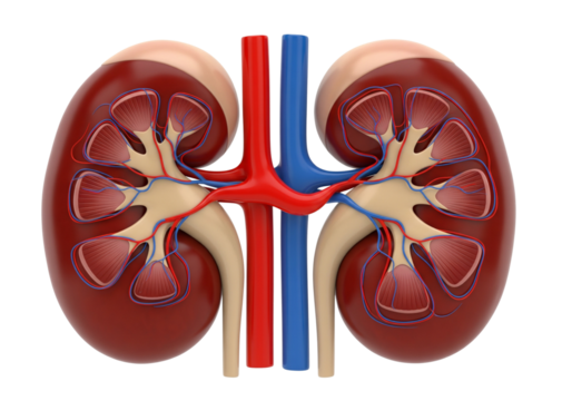 Detailed 3D Render of Human Kidneys - Renal System Anatomy, Blood Vessels, and Internal Structure on White Background