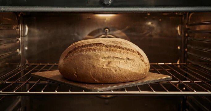 Heating element glowing starting round loaf browning on stone in home oven showing deepening crust