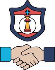 A black and white image of two hands shaking with a shield in the background