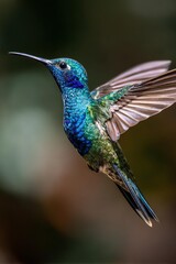 Fototapeta premium Vibrant hummingbird in mid-flight, showcasing its iridescent feathers against a blurred natural background.