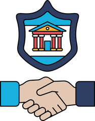 A handshake between two people is shown with a shield behind them