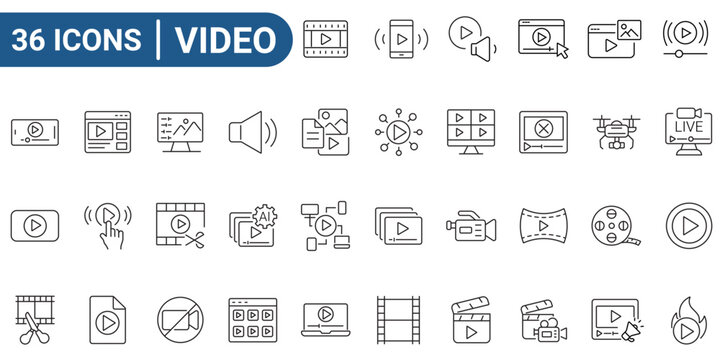 Video line editable icon set. Outline icons collection. Icons for mobile app, web. Editable stroke. Vector Illustration.