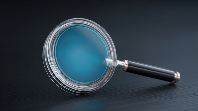 A sleek magnifying glass rests on a dark surface, featuring a blue lens that reflects light, emphasizing clarity and focus.