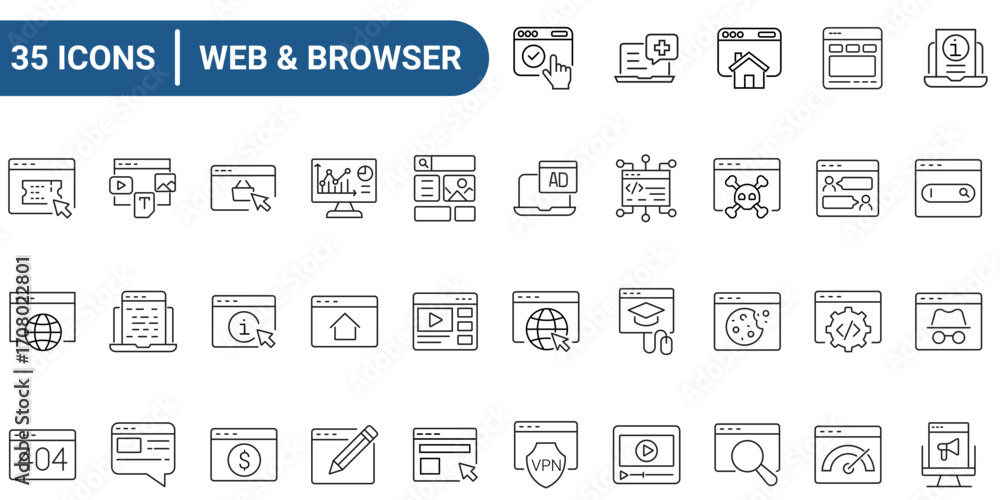 Aufkleber website and browser line editable icon set. outline icons collection. icons for mobile app, web. edi