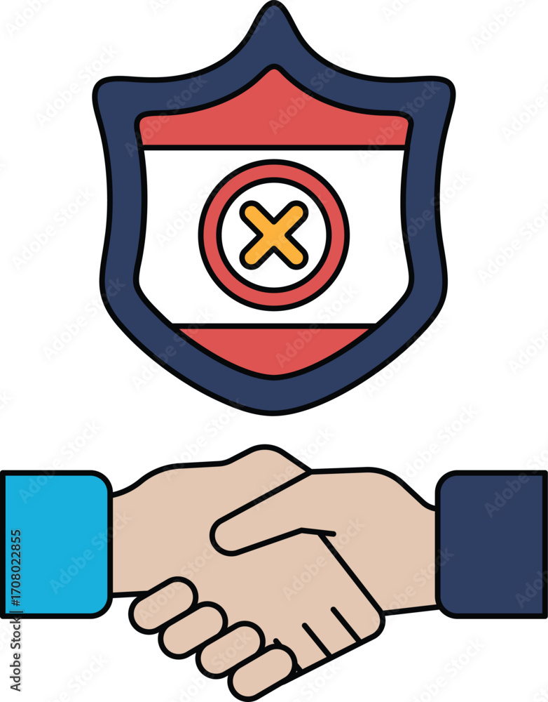 Poster a black and white image of two hands shaking with a shield in the background