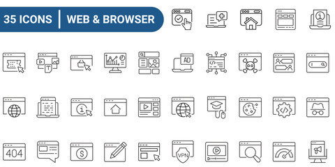 Website and Browser line editable icon set. Outline icons collection. Icons for mobile app, web. Editable stroke. Vector Illustration.
