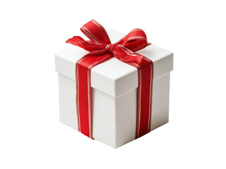 White gift box with red ribbon and gold accents, Isolated On White Background, Png Transparent