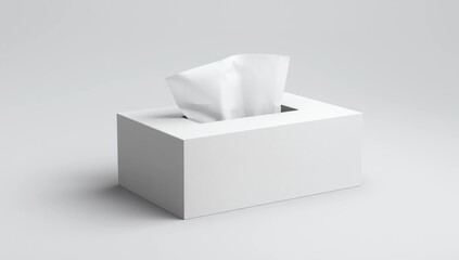 a white tissue box with one tissue sheet slightly pulled upward from the slot 