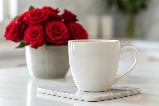Cozy morning coffee with red roses and soft light
