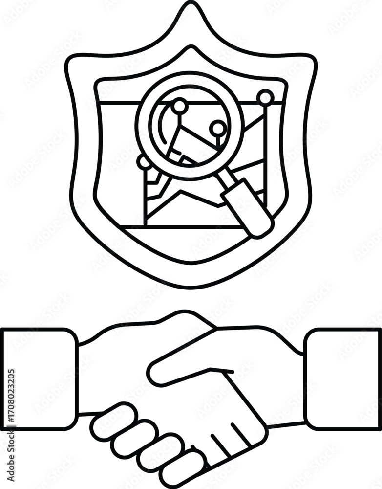 Poster a black and white image of two hands shaking with a shield behind them