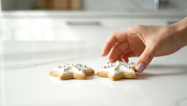 hand placing intricately decorated star shortbread cookies