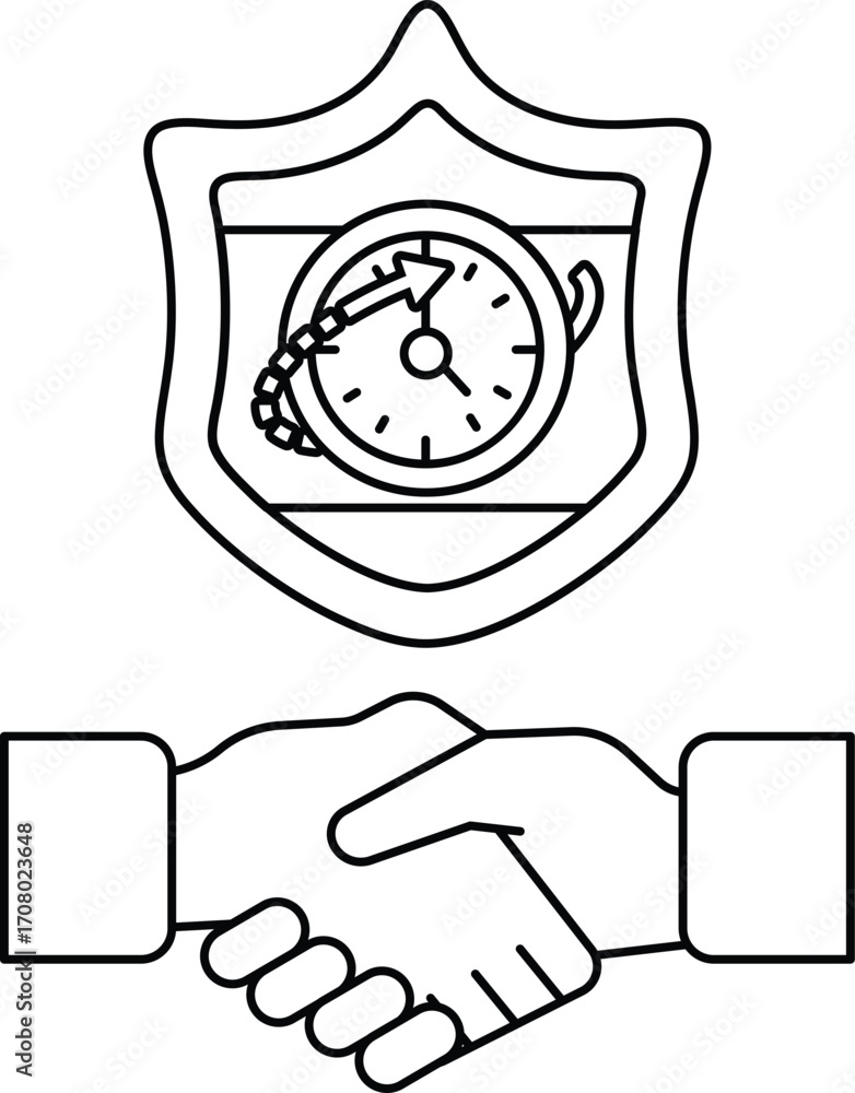 Poster a black and white image of two hands shaking with a clock in the background