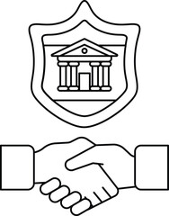 A handshake between two people is shown with a shield behind them