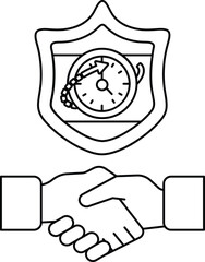 A black and white image of two hands shaking with a clock in the background