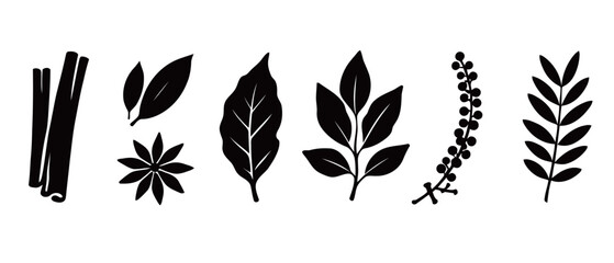 A creative vector set of black silhouettes of various spices and herbs, including cinnamon sticks, bay leaves, star anise, and peppercorns, perfect for culinary and organic-themed designs. © Zhangxiao