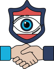 A black and white drawing of two hands shaking hands in front of a shield with a