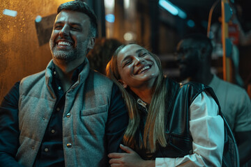 Couple enjoying their ride on a late night bus