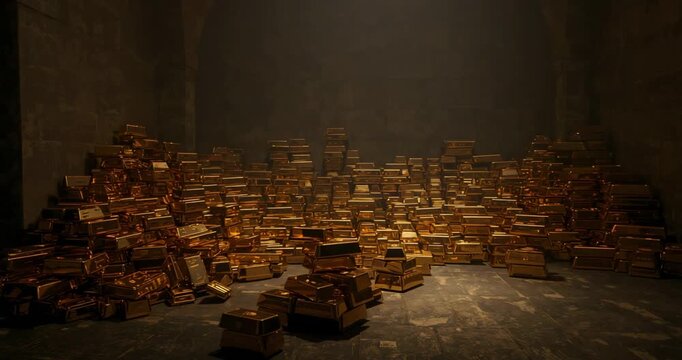 Camera starting recording showing gold bar pile in vaulted chamber, with stone wall arches