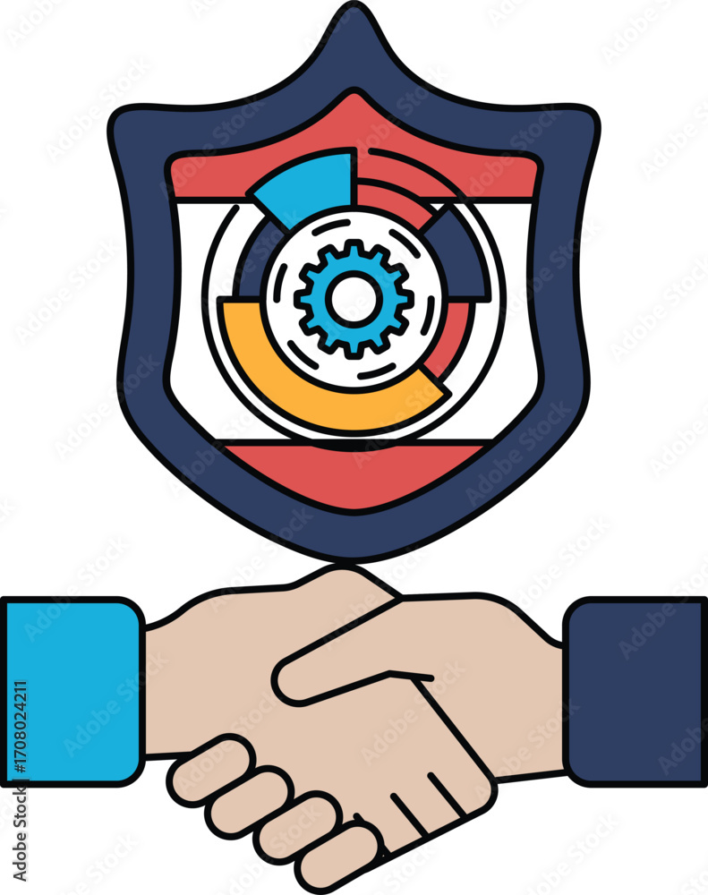 Poster a black and white image of two hands shaking with a shield in the background
