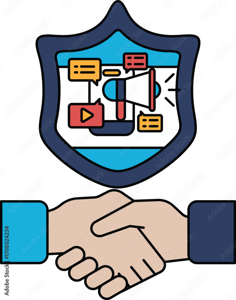 Aufkleber a black and white image of two hands shaking with a shield behind them