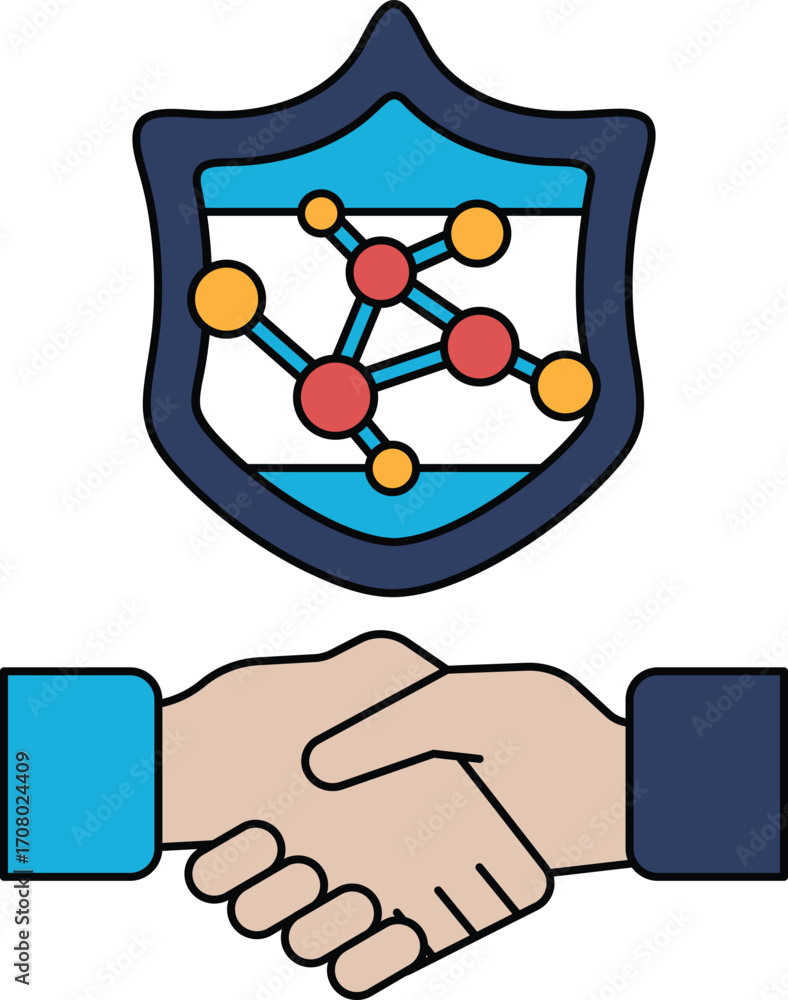 Poster a handshake between two people is shown with a shield in the background