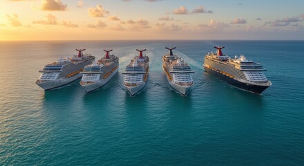Group of Large Cruise Ships Docked Under Sunset Over Calm Ocean Waters in Vibrant Blue Sky