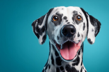 Close-up portrait of a happy Dalmatian dog with expressive brown eyes and open mouth, showing tongue against a vibrant turquoise background, studio lighting highlighting spotted coat.